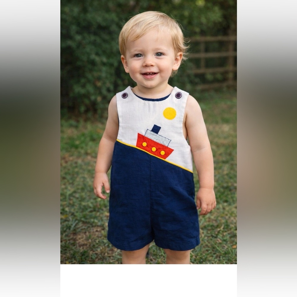 EUC Vintage 1980’s  Shortall Romper Nautical Appliqué Boys Sz 3T